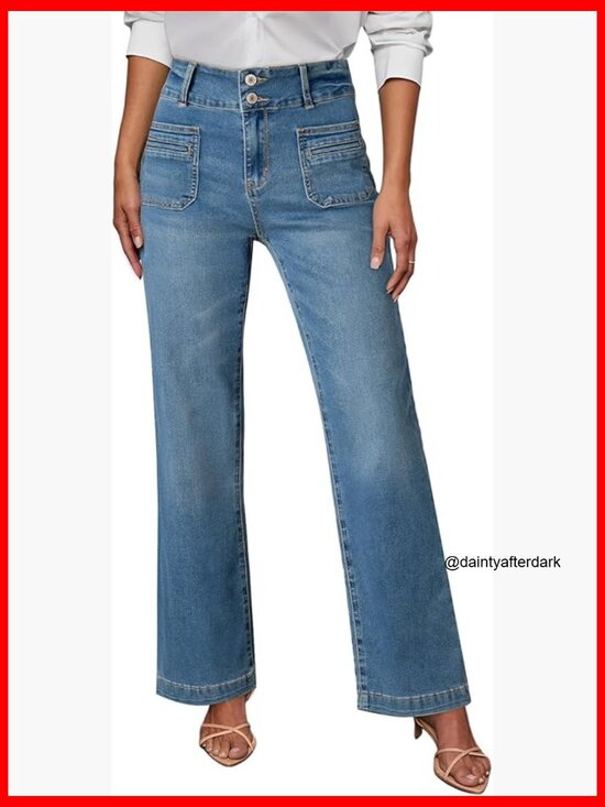 Denim - High Waisted Tummy Control Wide Leg Jeans Stretchy Cotton Blend
